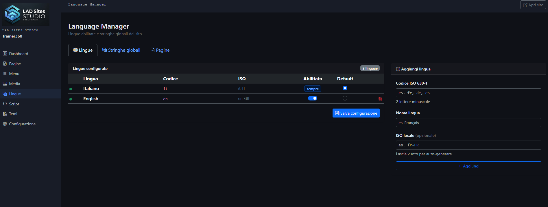 Gestione multilingua di LAD Sites Studio