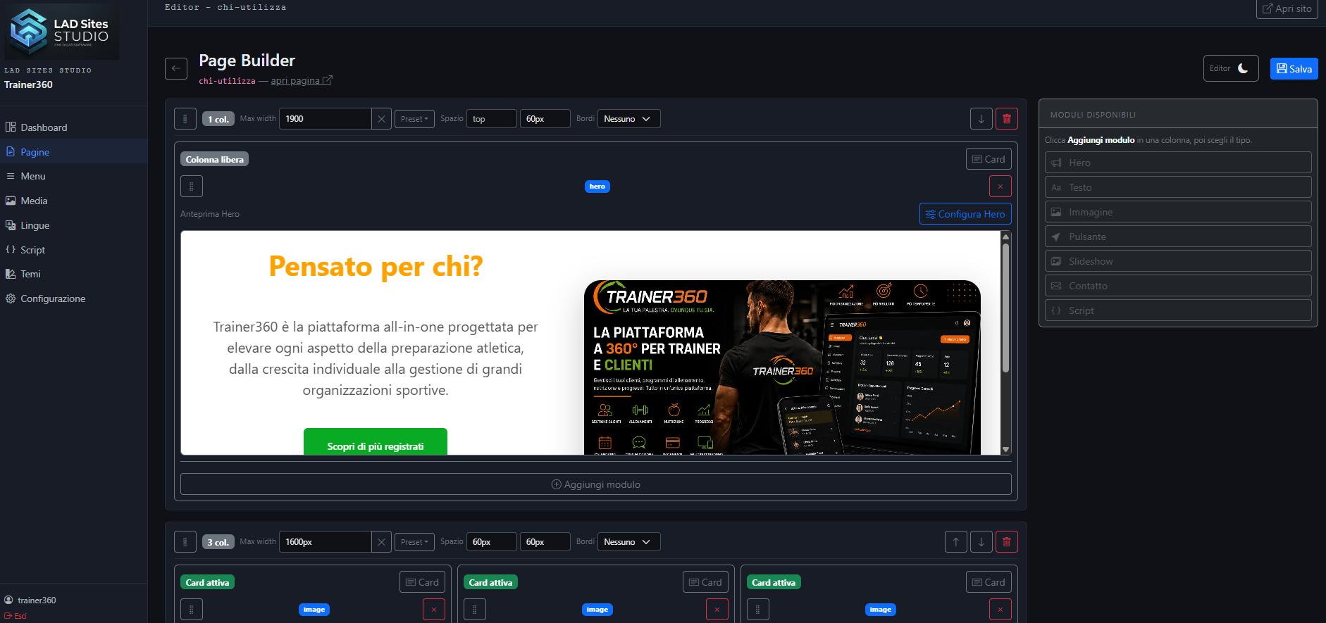 Page Builder di LAD Sites Studio per la composizione di pagine PHP