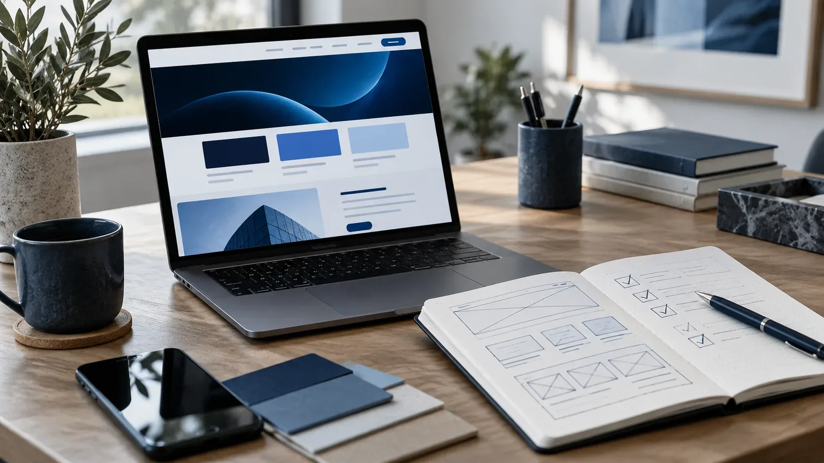 Computer con bozza di un sito web e quaderno di pianificazione aperto su una scrivania