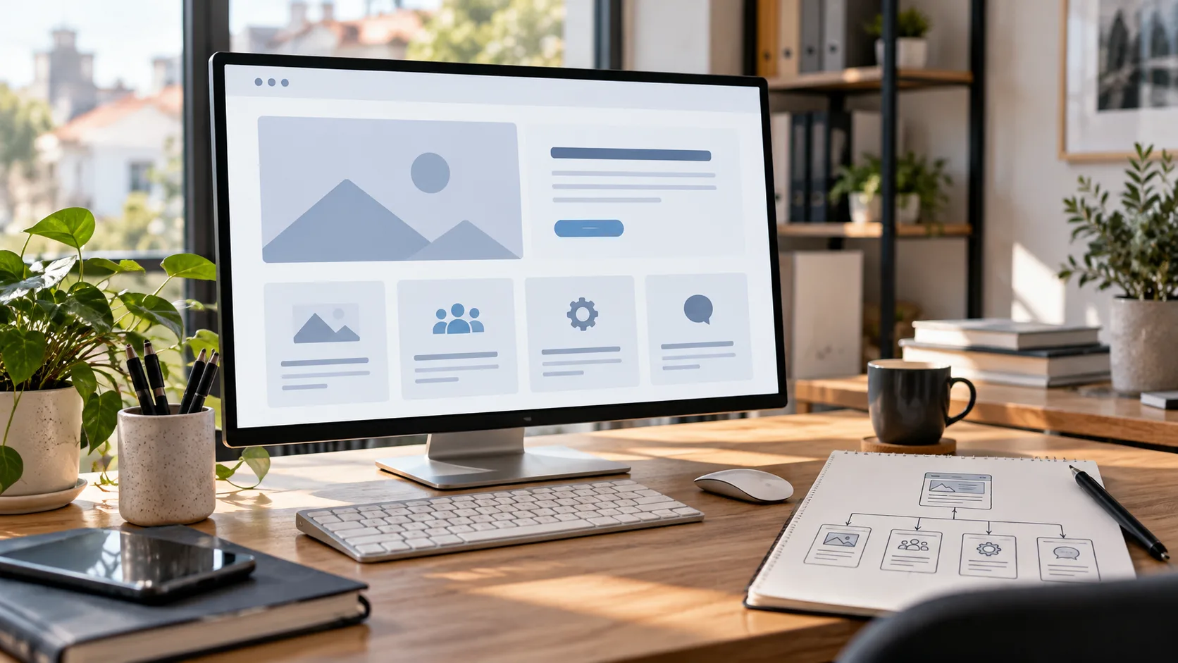Monitor con bozza di sito aziendale e schema delle pagine disposto sulla scrivania