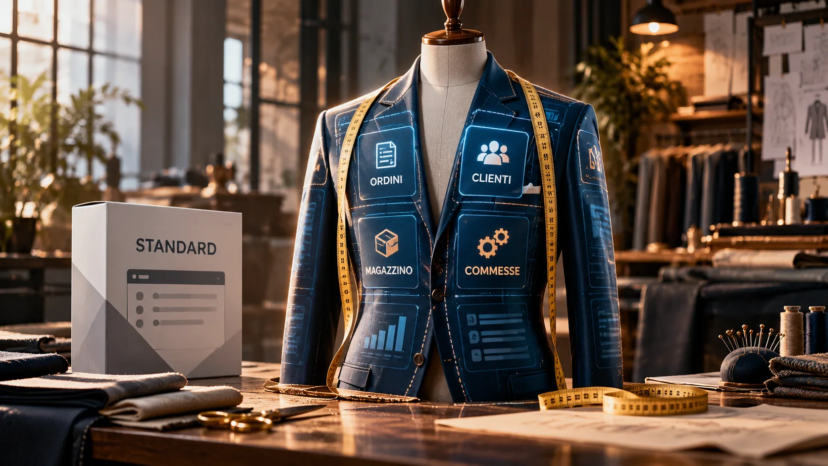 Abito sartoriale con moduli digitali per ordini, clienti, magazzino e commesse, a rappresentare un software gestionale su misura.