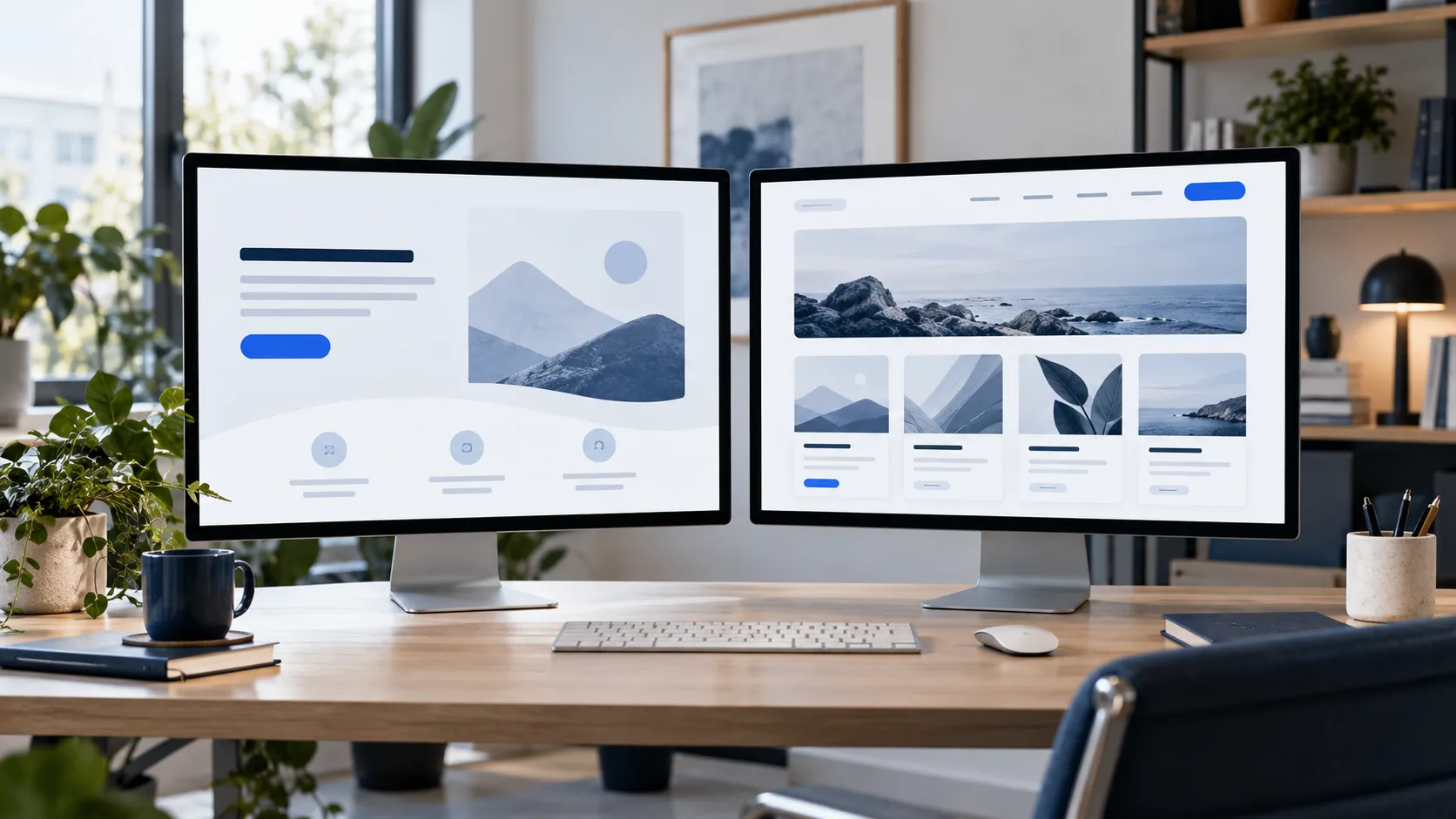 Computer con bozza di un sito web e quaderno di pianificazione aperto su una scrivania